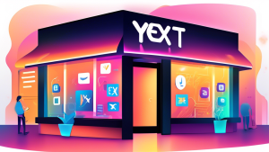 A digital illustration showing a business storefront with a large, glowing Yext sign above it. The storefront is surrounded by various online platforms and devices, such as smartphones, tablets, and c