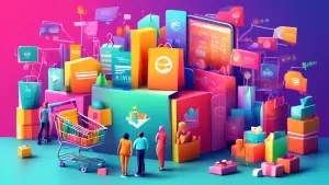 Prompt: A colorful, 3D illustration of a thriving online store with a shopping cart full of diverse products, surrounded by happy customers, sales charts, and a banner displaying the ThriveCart logo.