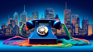 A vintage rotary phone with multiple phone cords coming out of it, each with a glowing target at the end, on a blue background with a city skyline silhouette.
