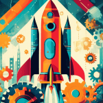 A rocket ship launching upwards with a business graph superimposed over it, surrounded by gears and cogs.