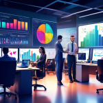 Create an image of a modern office space with multiple professionals working at their desks. One central figure is presenting on a large digital screen that shows various colorful charts, graphs, and