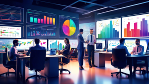Create an image of a modern office space with multiple professionals working at their desks. One central figure is presenting on a large digital screen that shows various colorful charts, graphs, and