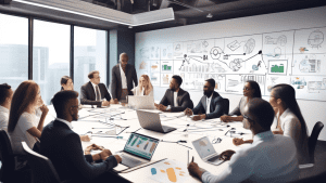 Create an image depicting a diverse group of stakeholders collaborating in a modern conference room. The image should include a variety of professionals such as managers, team leaders, clients, and em