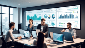 Generate an image featuring a sleek, modern office setting with a team gathered around a large digital screen displaying charts, graphs, and metrics. They look engaged and focused, discussing strategi