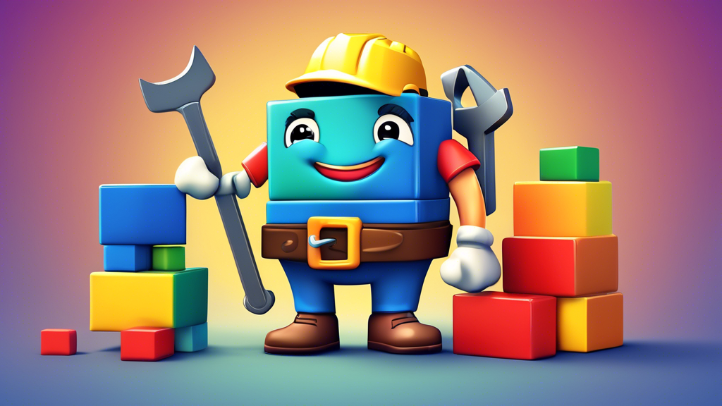A friendly cartoon Google Maps pin holding a construction tool belt and building a website with colorful blocks, smiling at the viewer.