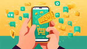 A hand holding a smartphone with a golden phone number inside the messaging app, floating above it are symbolic representations of purchase like shopping carts and money.