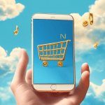 A hand holding a smartphone with a golden phone number inside a shopping cart floating in a blue cloudy sky.