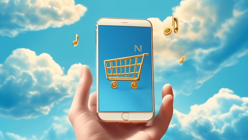 A hand holding a smartphone with a golden phone number inside a shopping cart floating in a blue cloudy sky.