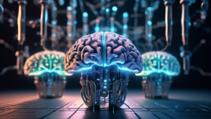 Create an intricate, futuristic scene of an AI model, represented as a glowing, holographic brain, surrounded by smaller versions of itself. These smaller AI models are making adjustments and upgrades