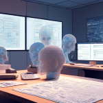 Create an image of a large, futuristic computer surrounded by textbooks and paper documents. The computer screen displays text being generated by an advanced AI algorithm, with a thought bubble above