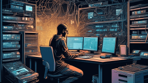 Create a detailed illustration of a person sitting at a desk, surrounded by computer hardware and software components, with a thought bubble showing a complex neural network. Display a sleek laptop, a