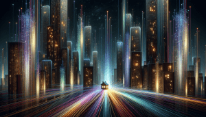 A futuristic cityscape with glowing fiber optic cables converging on a house radiating warmth and light, symbolizing home.