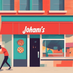 A hand changing a storefront sign from John's Pizza to Giovanni's Pizzeria with the Google My Business logo hovering above.