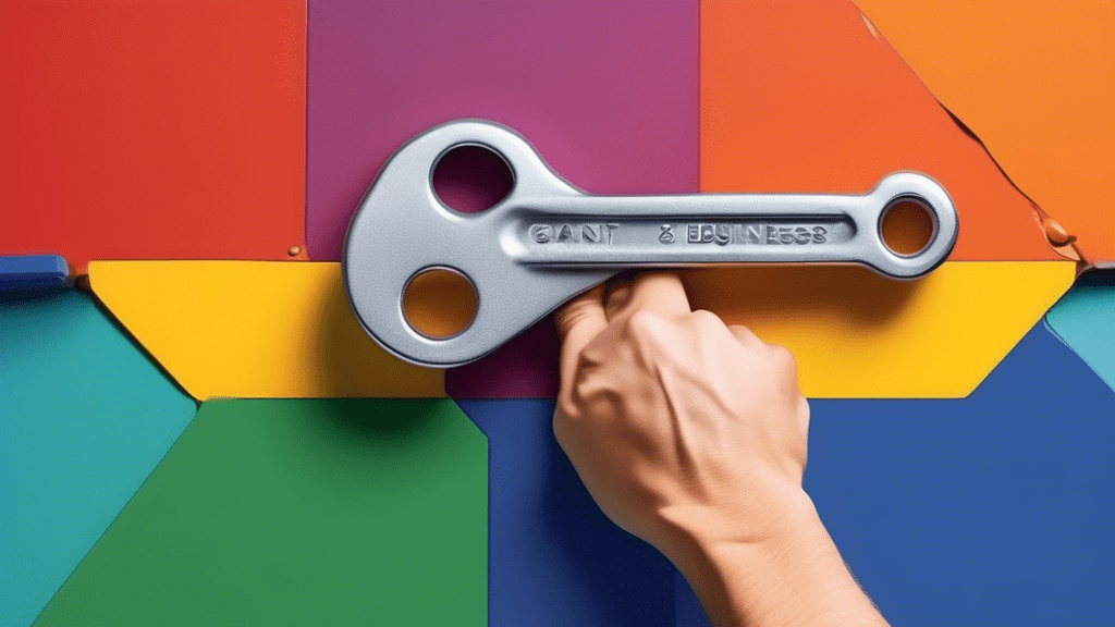 A hand holding a wrench tightening a bolt on a giant Google My Business logo made of metal.