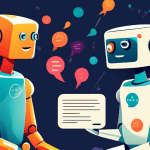 A friendly robot having a conversation with a human customer, with chat bubbles above them that contain marketing messages