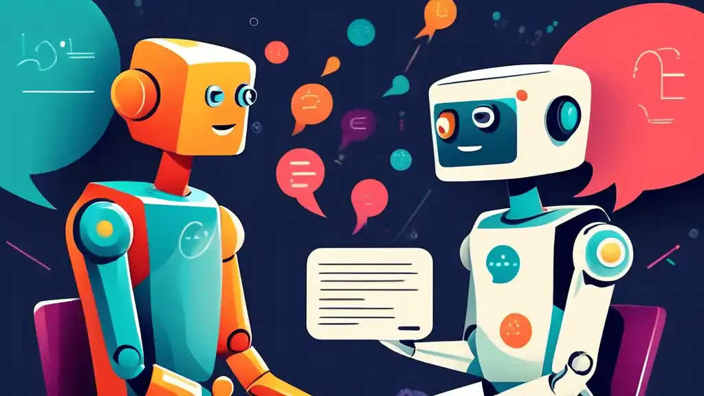 A friendly robot having a conversation with a human customer, with chat bubbles above them that contain marketing messages