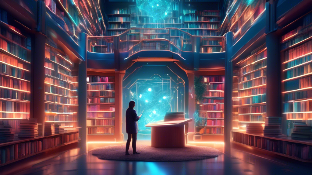 Create an illustration that features a digital library filled with glowing books, each representing different language models. In the center, there's a person thoughtfully choosing a book from the she