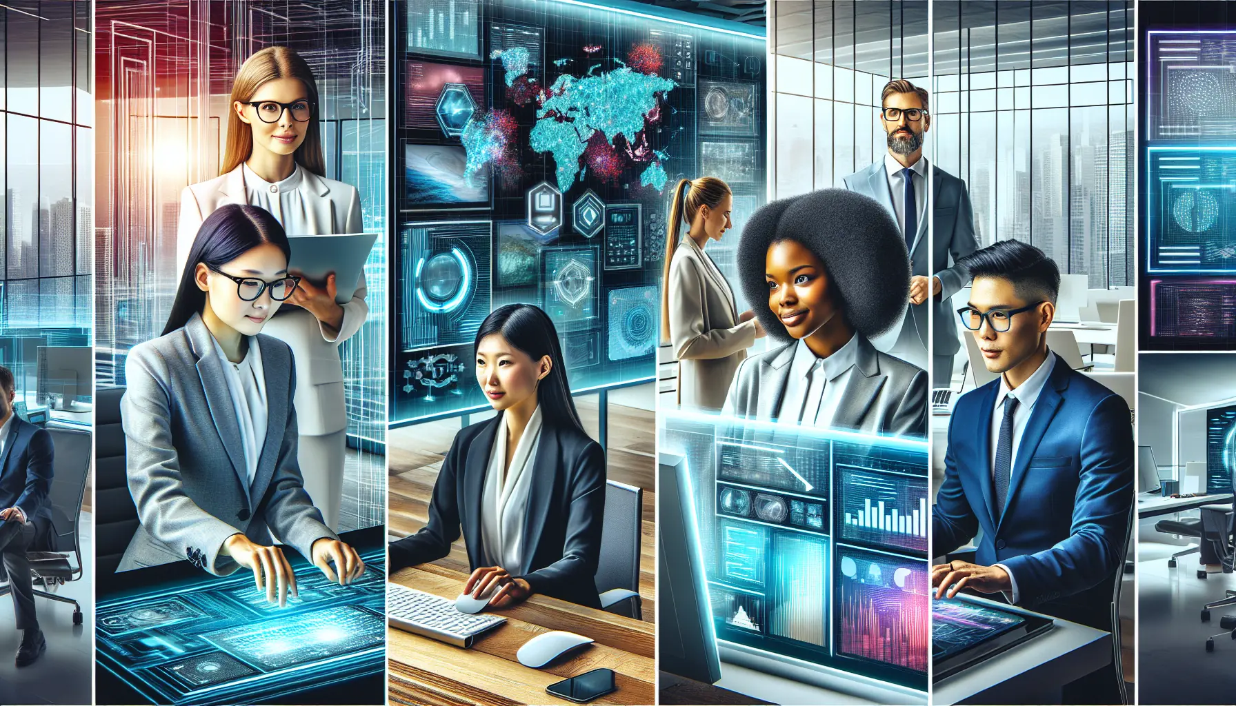 A digital collage of diverse business professionals evaluating different productivity tools on large digital screens in a modern, high-tech office environment.