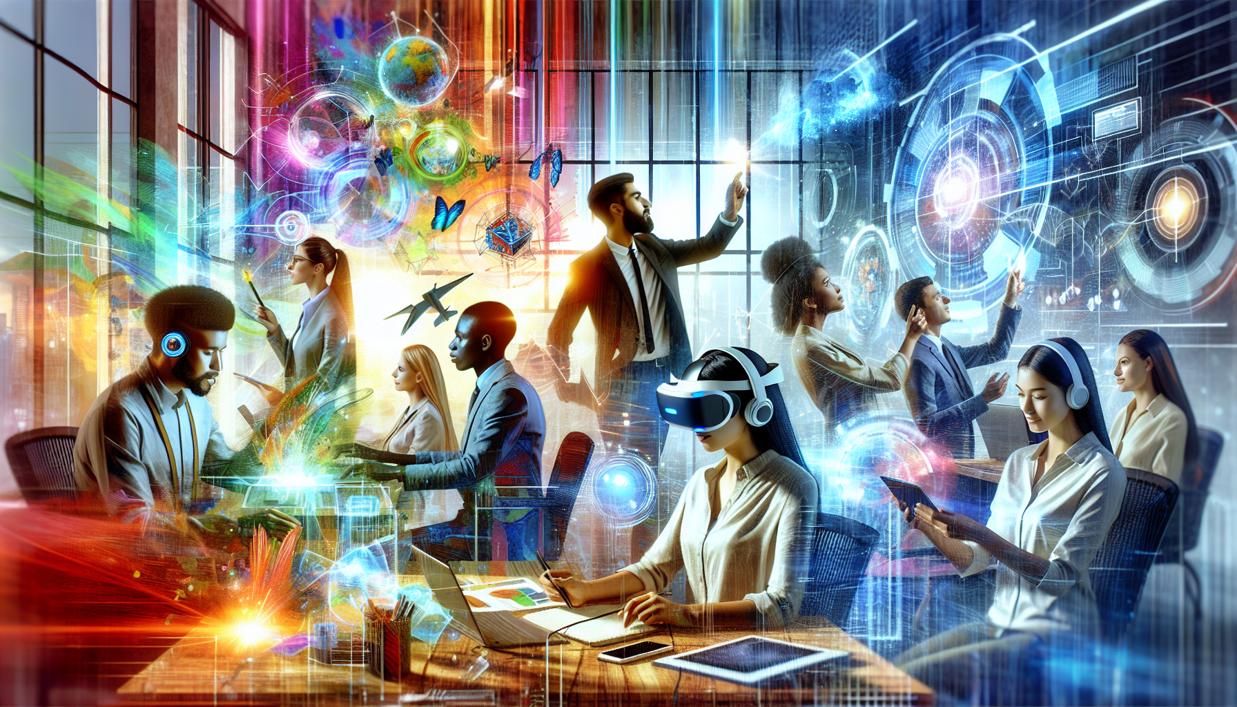 An artistic representation of a bustling digital marketing office, with diverse professional characters interacting with modern tech devices and virtual dashboards displaying various customer outreach