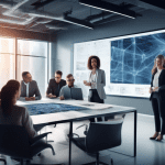 Create an image of a diverse group of professionals gathered around a table covered in paperwork and charts, discussing and analyzing different Artificial Intelligence models. The background features