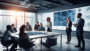 Create an image of a diverse group of professionals gathered around a table covered in paperwork and charts, discussing and analyzing different Artificial Intelligence models. The background features