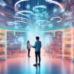 Create an illustration showing a person standing in a futuristic library filled with floating books and digital interfaces, each book labeled with different types of LLM (Language Learning Models). Th