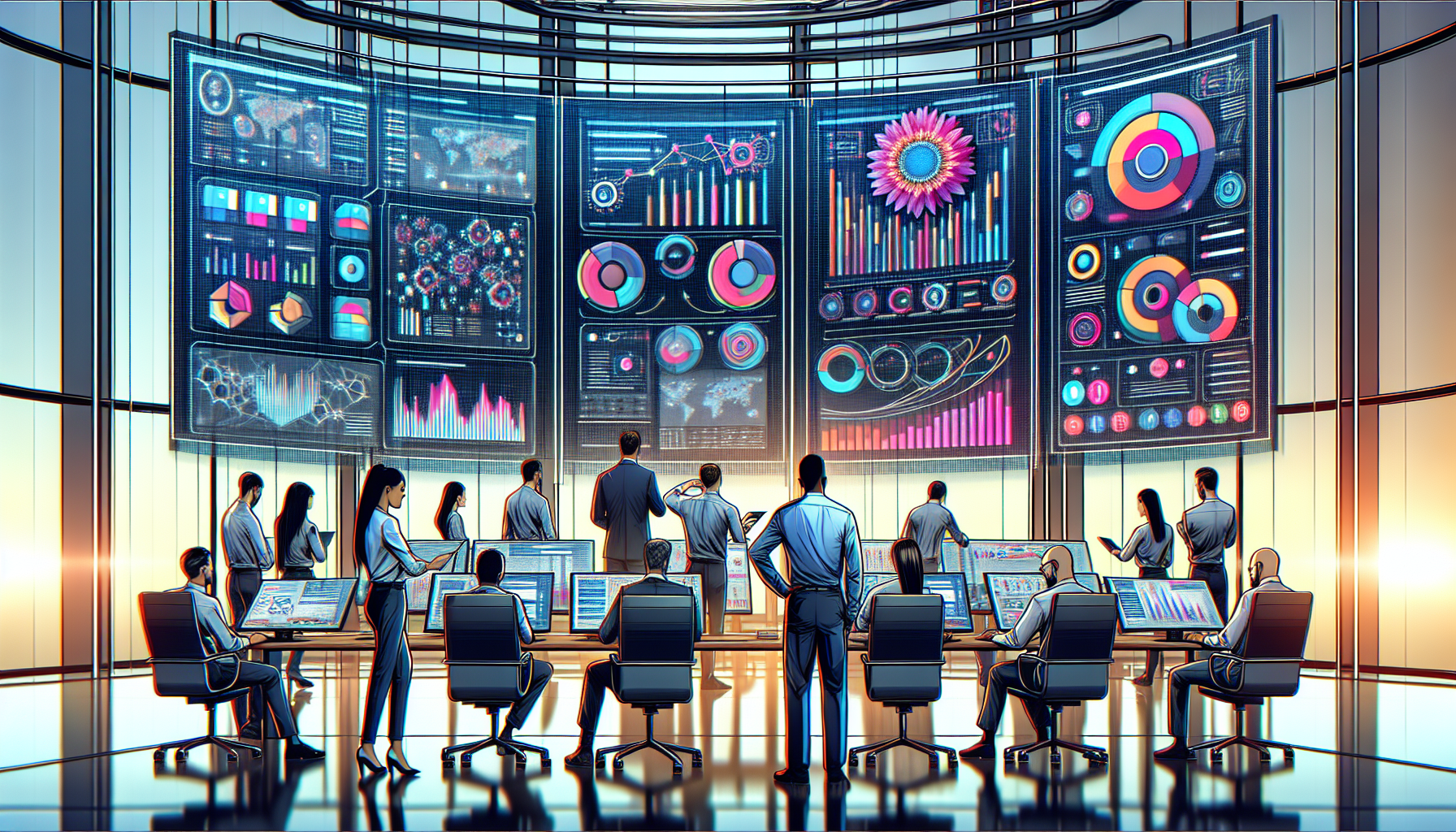 An illustrated scene of a modern office with diverse team members evaluating software on large digital screens, displaying graphs and analytics of missed call management systems. Emphasis on technolog