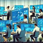 An illustrated digital landscape featuring a modern office environment with diverse employees busily comparing different text response platform providers on multiple futuristic computer screens.