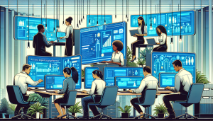 An illustrated digital landscape featuring a modern office environment with diverse employees busily comparing different text response platform providers on multiple futuristic computer screens.