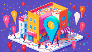 A storefront with a giant Google Maps pin coming out of it and a giant checkmark hovering over a phone displaying Business Profile Claimed. Surrounding the building are celebratory confetti and strea