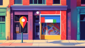 A storefront with a giant Google Maps pin hovering above it, casting a spotlight on the shop and illuminating Claim This Business on the sidewalk.