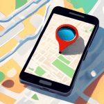A storefront with a magnifying glass hovering over a Google Maps pin on a smartphone, with the storefront reflecting on the phone's screen.