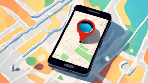 A storefront with a magnifying glass hovering over a Google Maps pin on a smartphone, with the storefront reflecting on the phone's screen.