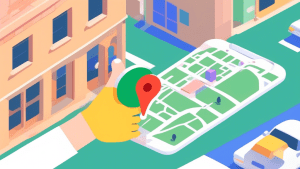 A hand reaching out to a storefront with a giant Google Maps pin next to it and the Google My Business logo hovering above.