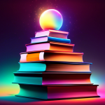 A pyramid of stacked textbooks, each labeled with a different academic subject, with a glowing orb above representing knowledge.
