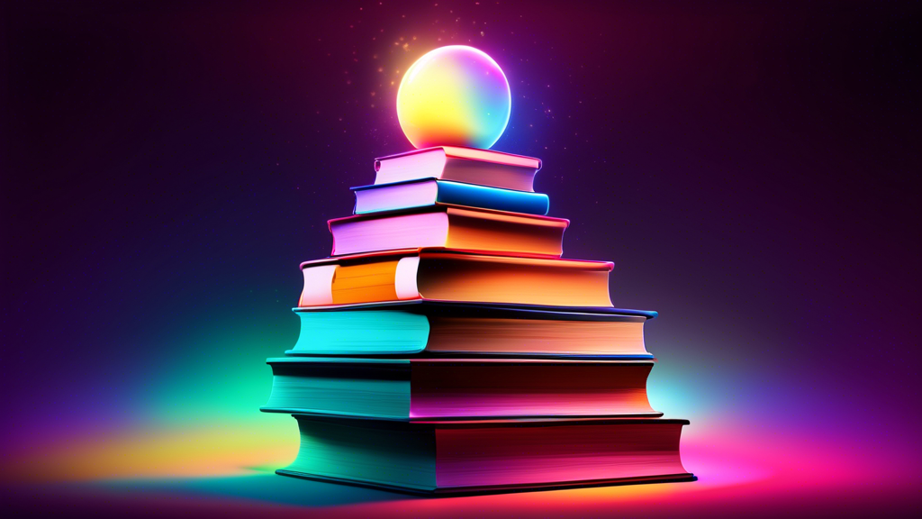 A pyramid of stacked textbooks, each labeled with a different academic subject, with a glowing orb above representing knowledge.