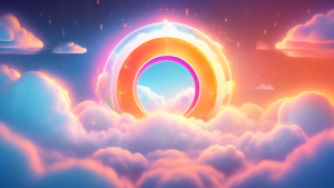 A friendly glowing portal in the cloud, radiating light and data, with the Cloudflare logo subtly embedded within it.
