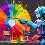 A robot artist painting a color wheel with a digital paintbrush, splattering paint.