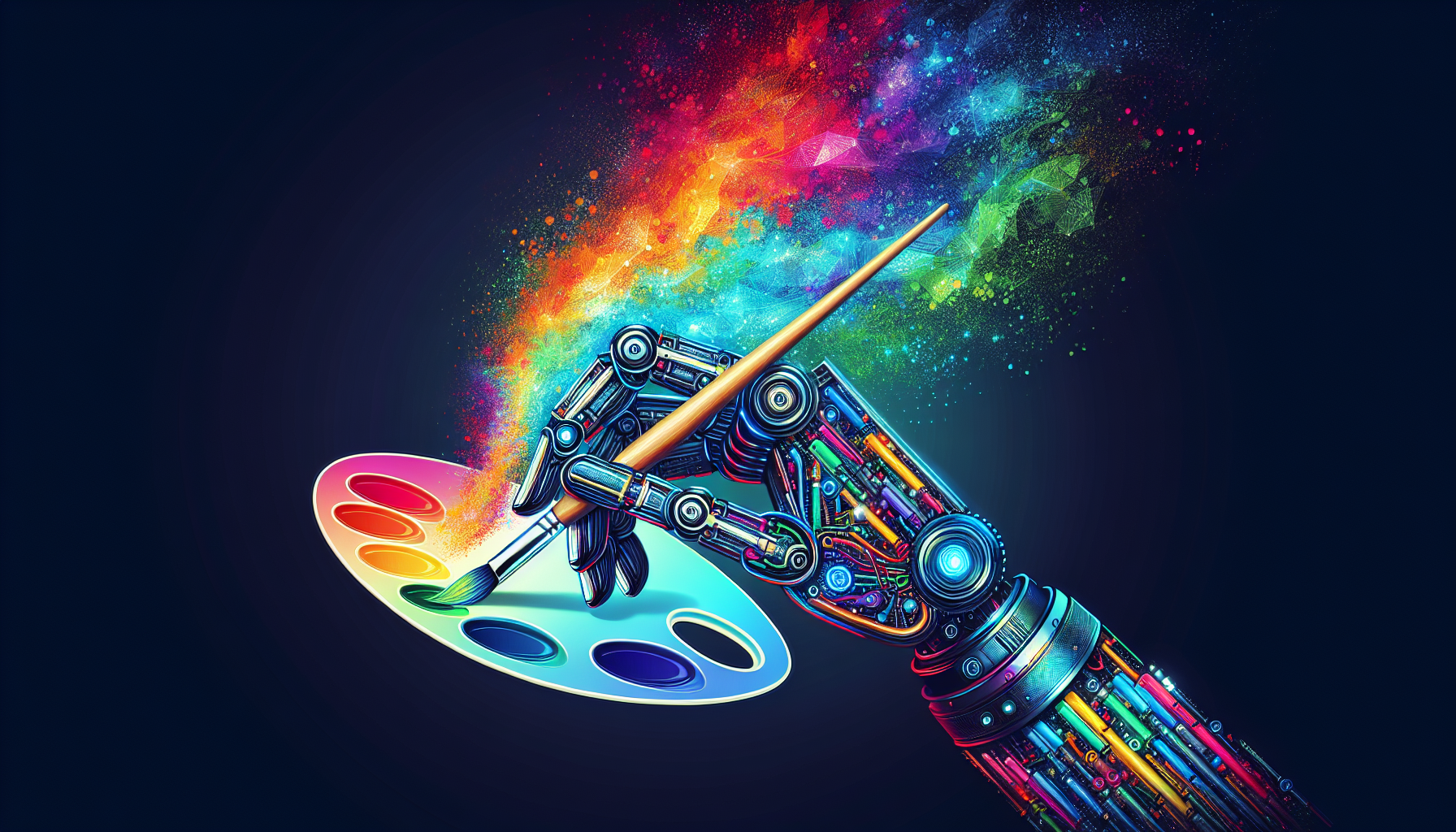 A robotic arm holding a paintbrush dipped in a color palette, generating a rainbow of colors.