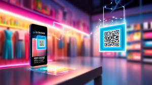 A smartphone scanning a QR code floating above a physical store, bridging the gap between the phone and the storefront with connecting lines of light.