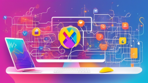 A Wix website homepage with the Wix logo transforming into the Google Business Profile logo, surrounded by connecting wires and data nodes.