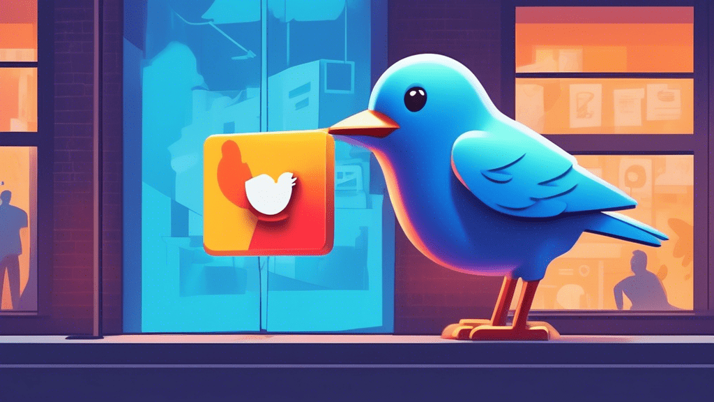 A Twitter bird plugging a giant Google Maps pin into a business storefront with a glowing Google Business Profile logo in the background.