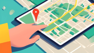 A hand reaching out from a computer screen to connect a physical location pin on a Google Maps interface.