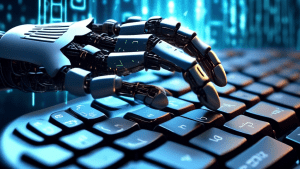 A robot hand writing code on a futuristic keyboard with binary code flowing out from the screen.