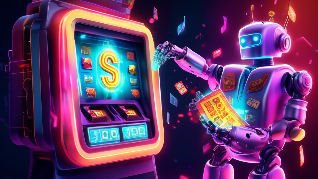 A robot hand holding a glowing digital coupon with a spinning slot machine inside displaying random letters and numbers.