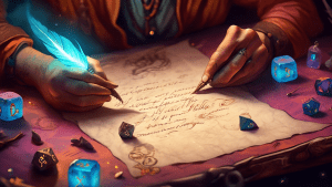 A hand holding a quill writing a D&D message on parchment with glowing dice and miniature figures surrounding it.