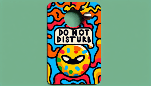 A humorous sign with a witty Do Not Disturb message hanging on a door knob.