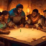 Prompt: A group of adventurers gathered around a wooden table, studying an ancient parchment map illuminated by the warm glow of candles, as they plan their next epic quest in a Dungeons and Dragons c