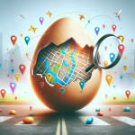 A cracked egg with a local map inside of it on a city street with magnifying glasses searching for it. Surrounding the egg are location pins and the words Local SEO in bold.