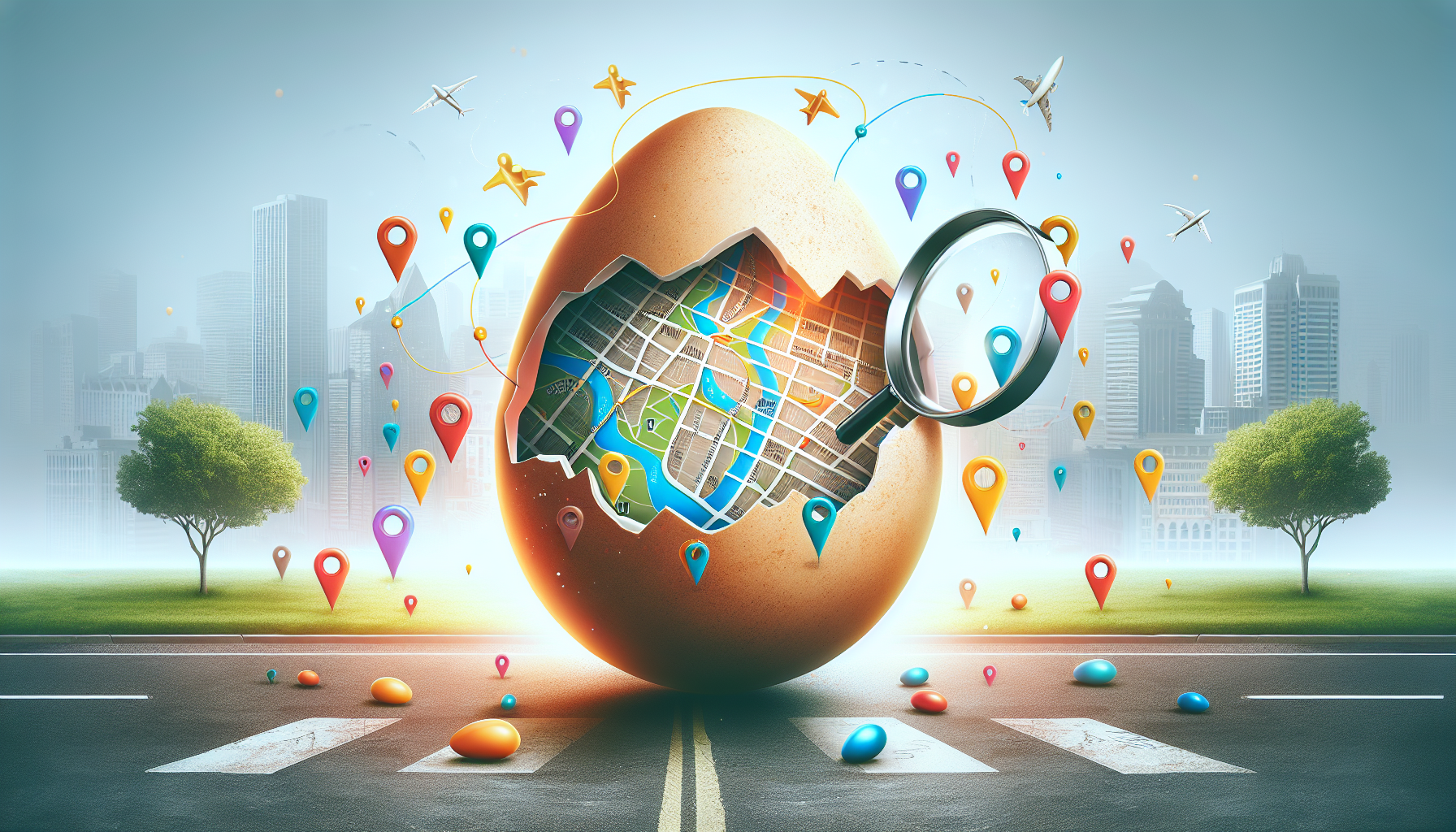 A cracked egg with a local map inside of it on a city street with magnifying glasses searching for it. Surrounding the egg are location pins and the words Local SEO in bold.
